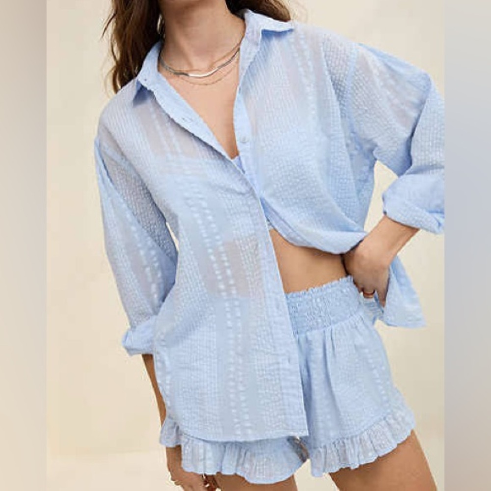 Aerie Seersucker Light Blue Sheer Top
